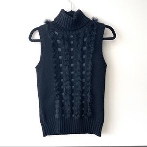 Classy BCBG Black Lace Fur Turtle Neck Sweater Vest Shirt Top Sweater Small